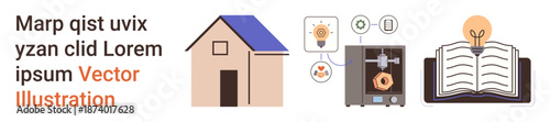 Home innovation, technology, education, creativity, sustainable living, and learning solutions. A house, icons for smart devices 3D printing a light bulb and an open book. Technology and education