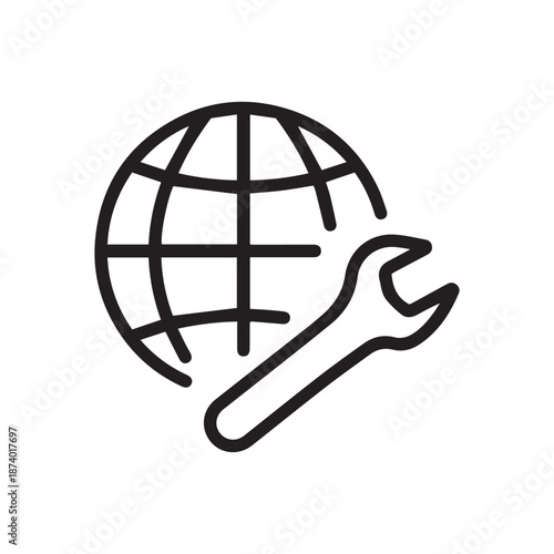 Globe and Wrench Line Icon. Network Settings Linear Pictogram. Internet Settings Outline Icon. Editable Stroke. Isolated Vector Illustration
