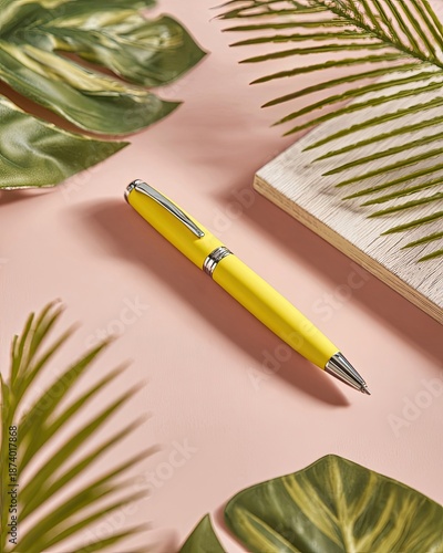 Bright Yellow Pen On Pastel Pink Background With Tropical Leaves