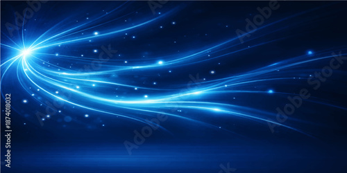 Abstract blue wave background with glowing stars and bright laser energy lines in a dark galaxy space illustration