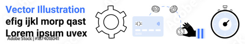 Gear for processes, hand balancing currency coins, interface card, timer conveying time management. Ideal for business, teamwork, processes, finance, productivity operations simple landing page