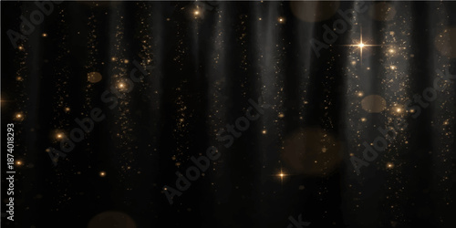 Magical champagne bubbles glow like golden stardust against a dark night sky, creating a winter galaxy texture of light particles and sparkling rain on a black wallpaper design