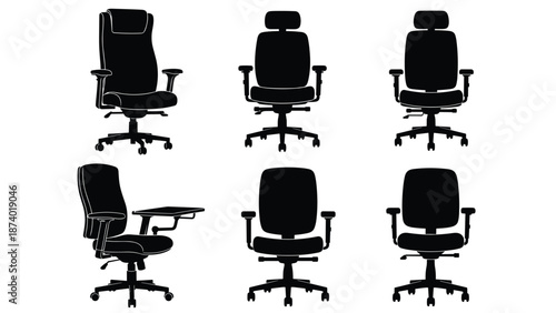 Collection of black ergonomic office chair silhouettes in various angles, professional workspace furniture, vector illustrations for corporate and interior design projects.