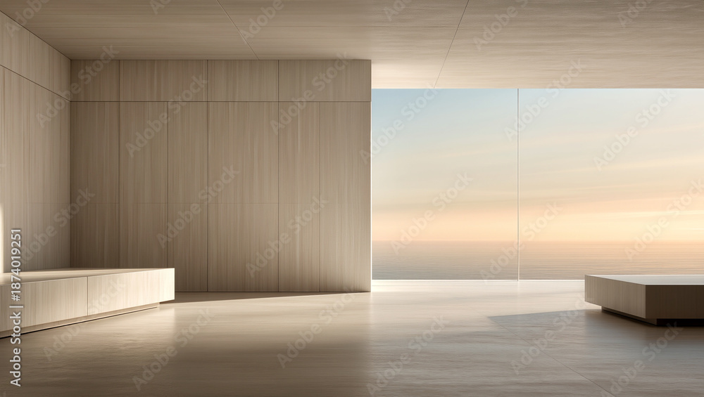 Fototapeta premium Modern minimalist interior with ocean view at sunset
