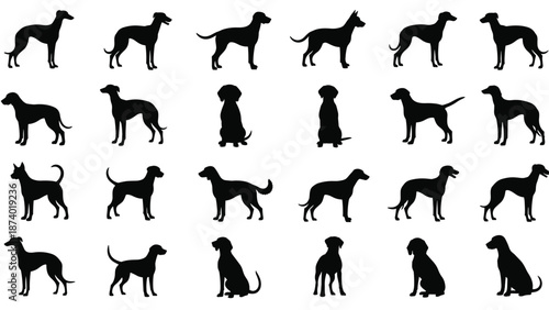 Collection of black dog silhouettes in various poses including standing, sitting, and walking, representing different breeds for nature animal designs.