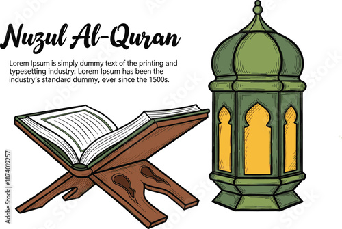 Color vector illustration of an open Holy Quran and a glowing green lantern for Nuzul Al-Quran holiday celebration.