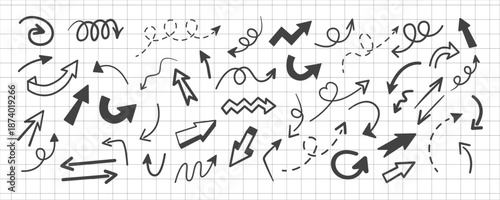 Doodle arrows with curved, dashed and spiral lines. Simple vector arrows on a sheet of school notebook. Flat minimal graphic style.