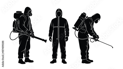 Collection of black hazmat suit silhouettes featuring disinfectant sprayers and protective gear for sanitation, industrial safety and professional pest control design.