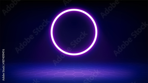 Futuristic blue technology stage background. Circular purple pink neon, led halo spotlight, grid floor. Background for displaying products, presentation, advertising. Tech backdrop. Showcase. Vector