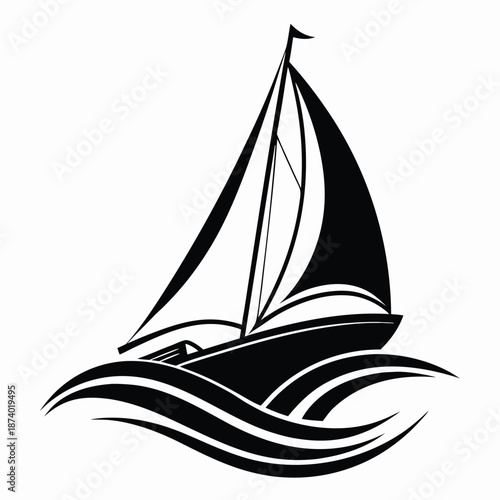Black and white sailboat on stylized waves sailing