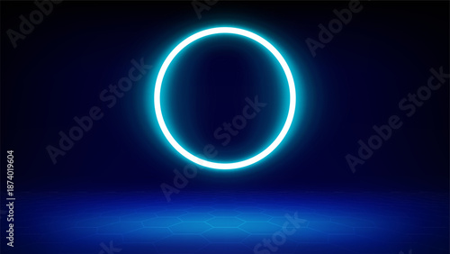 Futuristic blue cyan technology stage background. Circular blue neon, led halo spotlight, grid floor. Background for displaying products, presentation, advertising. Tech backdrop. Showcase. Vector