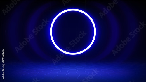 Futuristic blue technology stage background. Circular blue neon, led halo spotlight, grid floor. Background for displaying products, presentation, advertising. Tech backdrop. Showcase. Vector