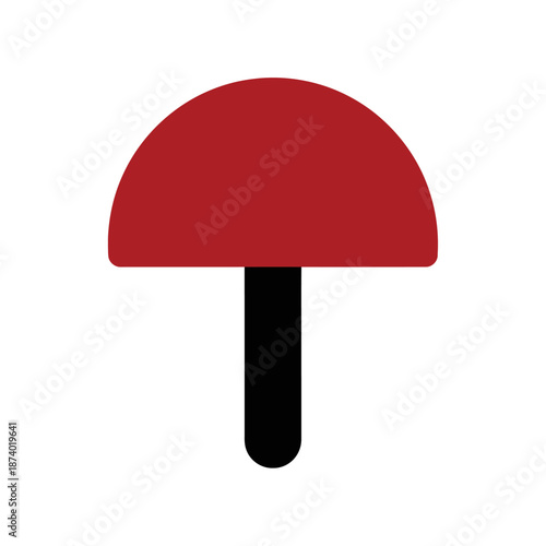 Simple illustration of a red mushroom with a black stem on white.