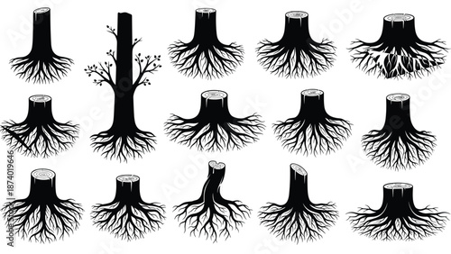 Collection of Black Silhouette Tree Stumps and Exposed Roots, Nature, Forestry, Growth and Stability Vector Illustration Set, Isolated on White