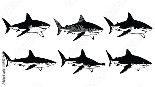 Collection of black shark silhouettes featuring hammerhead and great white species, marine predator vector illustrations, ocean wildlife icons for aquatic design.