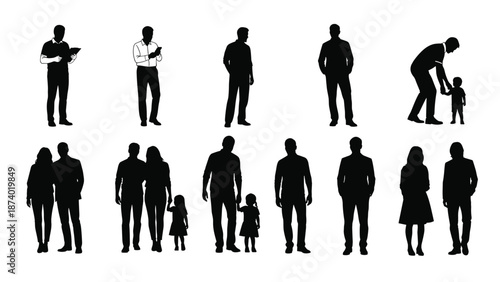 Collection of black silhouettes featuring diverse people, including families with children, couples walking, businessmen standing, and parents playing with toddlers.