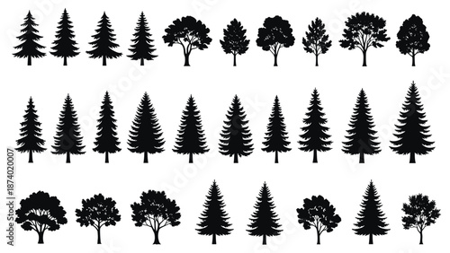 Collection of black tree silhouettes, pine fir and deciduous forest icons, nature foliage vector set isolated on white background, graphic design.