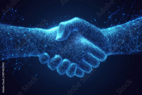 Two hands, rendered as intricate blue wireframe networks, are clasped in a handshake against a dark blue background. 
