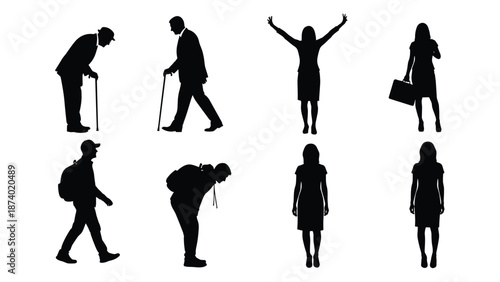 Collection of diverse people silhouettes including elderly individuals with canes, business women with briefcases, and travelers with backpacks for community.