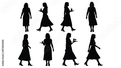 Collection of eight female waitress silhouettes carrying serving trays with drinks while walking and standing isolated on a white background