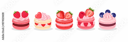 Cute Pixel Art Macarons with Fresh Berries and Cream Illustration Set - Kawaii Sweet Macaroon Dessert with Strawberry, Raspberry, and Blueberry Toppings