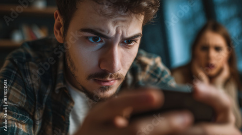 Man coercively checking partner’s phone. Forced compliance.