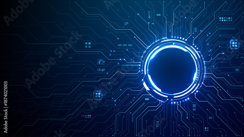 Futuristic circular portal with luminous circuit patterns radiating on digital tech backdrop. Blue neon frame featuring HUD interface, cyber elements, and electronic board aesthetics. Digital vector