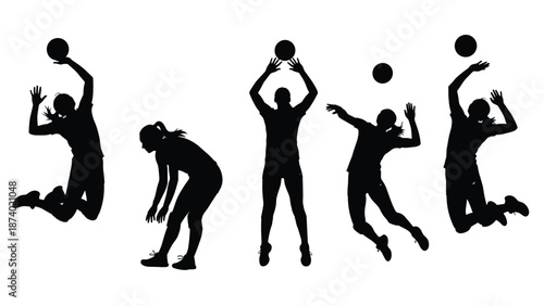 Collection of female volleyball player silhouettes jumping and spiking ball, athletic women team sports action poses for competition and fitness,