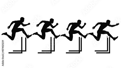 Collection of male athlete silhouettes jumping over hurdles for track and field sports competition, athletic training, and overcoming obstacles concept.