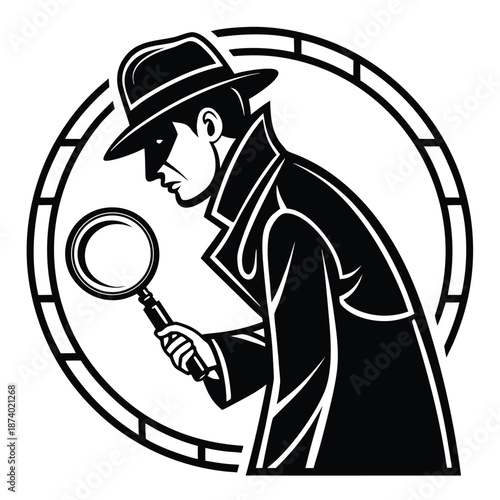 Detective With Magnifying Glass And Stylized Circle