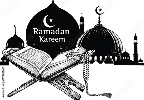 Detailed vector sketch of the Holy Quran and prayer beads against bold mosque dome silhouettes for Ramadan Kareem.