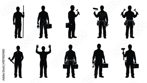 Collection of professional construction worker silhouettes with tools for industrial labor, home renovation, engineering service, building contractor, and maintenance work.