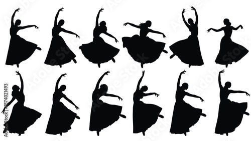 Collection of professional female dancer silhouettes wearing long skirts in various elegant poses including spinning and jumping isolated on white background for performing arts design,