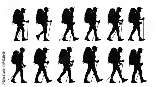 Collection of professional hiker silhouettes wearing backpacks and using trekking poles in various walking poses isolated on white background for outdoor adventure sports design,