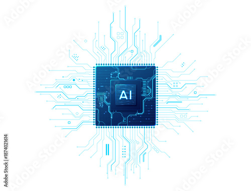 Isolated AI chip design featuring radiant central element and detailed circuit pathways. Semiconductor processor in blue tech tones with transparent background and glowing connections. Tech vector