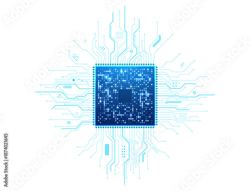 Isolated microchip with luminous wiring on a transparent background. High-tech processor featuring glowing blue electronic pathways and intricate hardware details. Digital vector illustration.