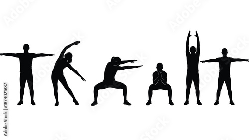 Collection of professional people silhouettes performing gym fitness workout exercises including squats and stretching poses isolated on white background for health and wellness design,