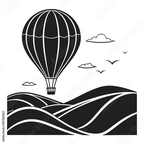 Hot air balloon over rolling hills with birds and clouds