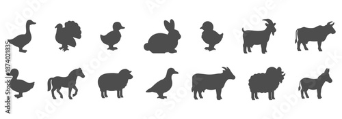 Farm animals silhouette line icon set. Vector pictograms of domestic goose, turkey, chick, duckling, duck, sheep, horse, pig, donkey, ox, thin linear illustration.