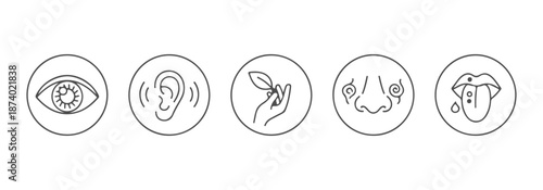 Five human senses editable stroke outline icons set isolated on white background flat vector illustration.