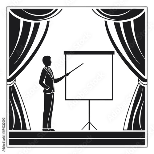 Man in suit presenting with pointer at flip chart on stage