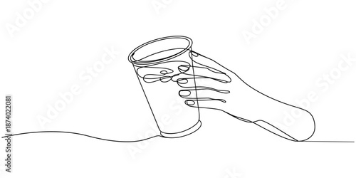Single continuous line drawing hand holding a bubble tea plastic cup. Boba tea, a sweet Taiwanese milk tea drink popular in Asia. Trend food and drink concept. One line draw design vector illustration