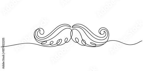 Continuous line drawing forming a mustache shape, One Line Drawing Mustache, Continuous Line Dad Whiskers, Single Outline Moustache, Vintage Man Hairstyle, Mustache Vector Illustration, pro concept.