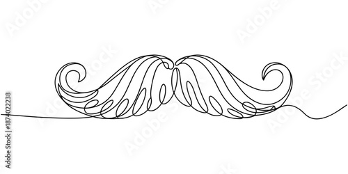 Continuous line drawing forming a mustache shape, One Line Drawing Mustache, Continuous Line Dad Whiskers, Single Outline Moustache, Vintage Man Hairstyle, Mustache Vector Illustration, pro concept.