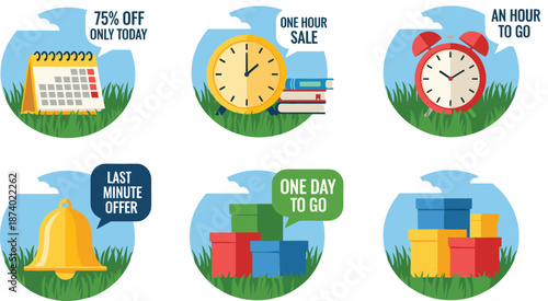 Flat vector icon set for e-commerce featuring time-sensitive sale alerts, limited offers, countdowns, and retail promotional badges.