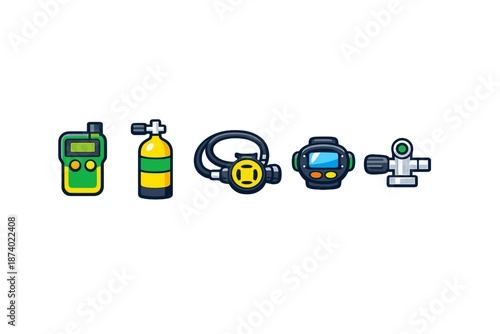 Scuba diving equipment icons on a dark background