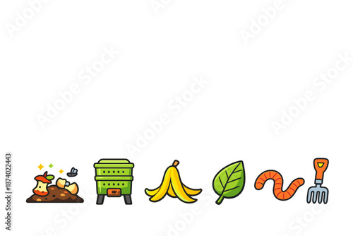 Composting icons with compost bin, food scraps, leaf, worm, and rake