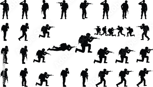 Soldier silhouette set showing military combat poses, tactical movement, armed forces actions for defense, security, war concept isolated on white background