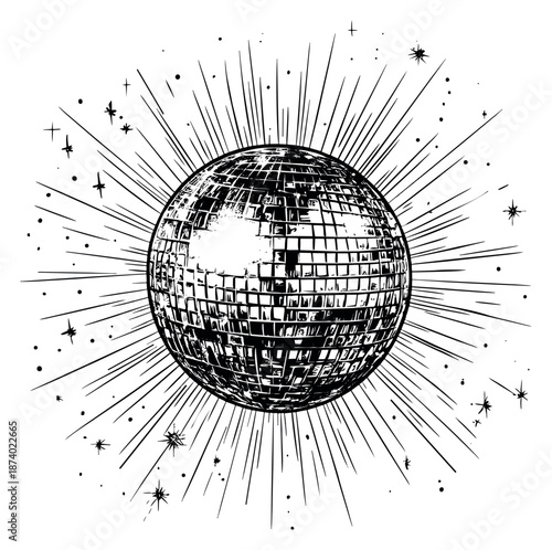 Line art illustration of a disco ball depicting radiating light for parties and celebrations