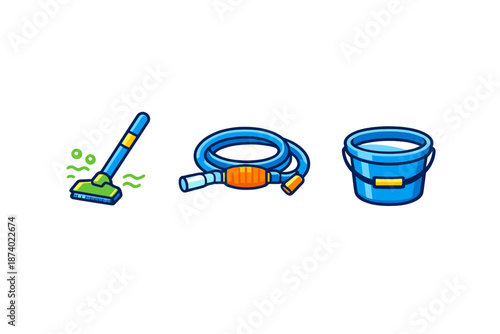 Cleaning tools: vacuum cleaner, hose, and bucket